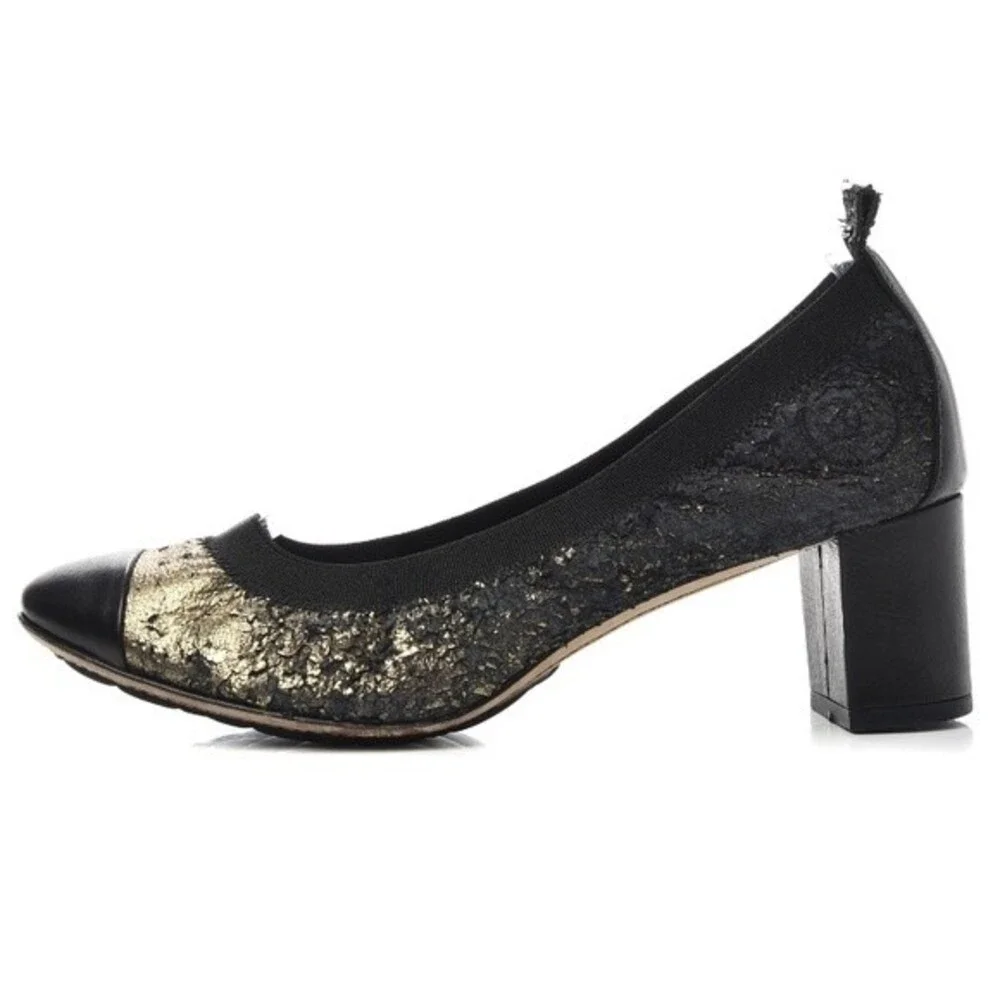Chanel Metallic Lambskin Cap Toe Elastic Stretch Block Heel Pumps US 9.5